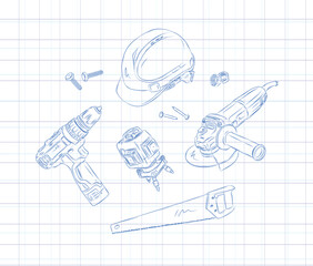 Powerful rotary hammer and regular drill set drawing in graphic style on light background