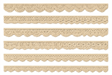 Decorative beige lace trim borders collection with vintage scalloped patterns for fashion and craft design, transparent background