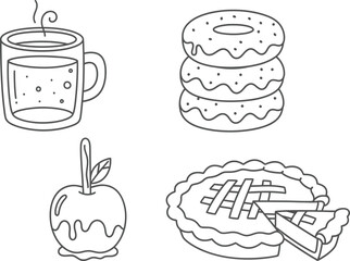 Cute doodle pack of fall treats cider, donuts, caramel apples, and pies, simple black outline icons.