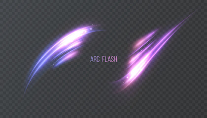 Light arc flashes and fast trails for magical and combat effects, with purple-pink glow and soft glare. Suitable for game interfaces, strikes, spells, and dynamic compositional lighting.