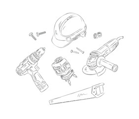 Powerful rotary hammer and regular drill set drawing in graphic style on white background