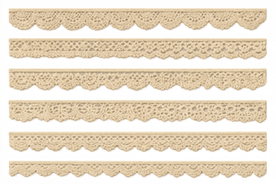 Decorative beige lace trim borders collection with vintage scalloped patterns for fashion and craft design, transparent background