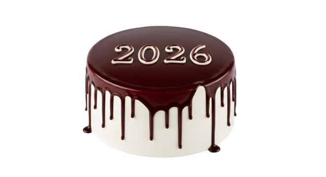 Celebration cake with chocolate glaze drip and the number 2026 for upcoming events isolated PNG with Transparent Background