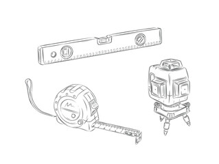 Measurable tools set roulette construction and laser level drawing in graphic style on white background