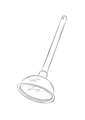 Plunger hand drawn doodle. Clearing clogged pipes at home. Drawing in graphic style on white background