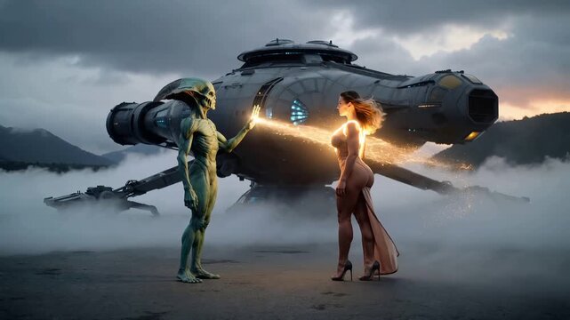 An alien transmits information to an Earth woman, depicted in a video of radiant energy.