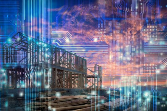 Wooden skeletons beneath a painter's sky: evening in california's heart. Intelligent design. Orange and purple evening: the construction symphony in california's horizon. Cyber interaction.