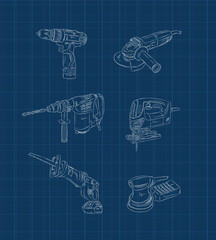 Power construction tools set drill, angle grinder, hammer drill, jigsaw, reciprocating saw, sander drawing in graphic style on blue background