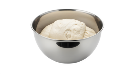 Freshly prepared bread dough rising inside a metal mixing bowl ready for baking isolated PNG with Transparent Background