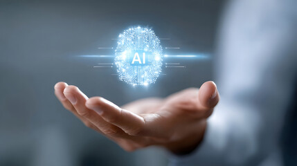 Futuristic digital concept glowing brain network in hand with data cloud and technology icons symbolizing innovation and future development