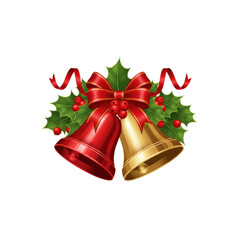 Shiny christmas bells adorned with green holly leaves and red ribbon bow