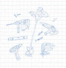 Power construction and repair tools set hammer drill, mortar mixer, angle grinder, building level, drill, jigsaw drawing in graphic style on light background