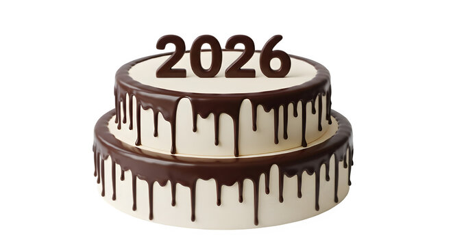 Elegant tiered chocolate drip cake with the number 2026 for celebration marketing and design. isolated PNG with Transparent Background