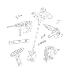Power construction and repair tools set hammer drill, mortar mixer, angle grinder, building level, drill, jigsaw drawing in graphic style on white background