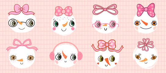 Fototapeta premium Cute snowmen vector faces with bows, quirky winter characters with mouths and eyes for Christmas greeting cards and designs