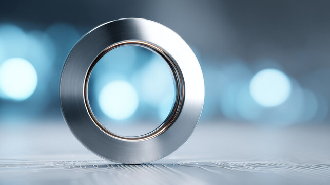 A shiny, metallic ring is balanced on a surface with bokeh lights in the background