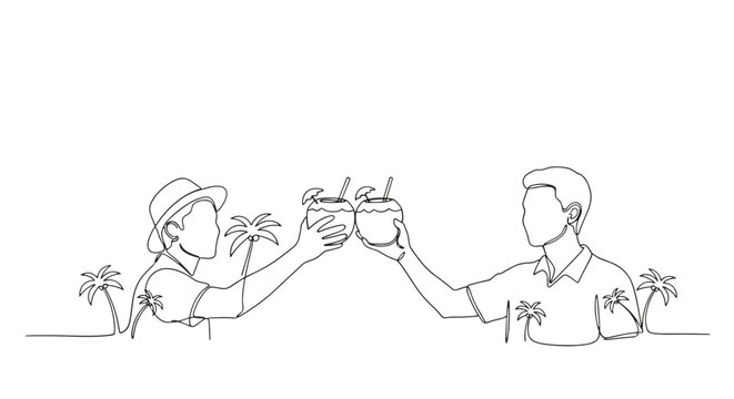 Two people toasting with tropical drinks on a beach with palm trees in a continuous line drawing