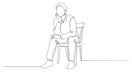 Obraz premium Continuous line drawing of a person sitting on a chair with hand on face in a thoughtful pose look 100
