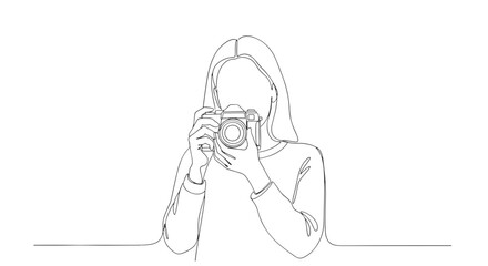Continuous line drawing of a woman holding a camera up to her face taking a photograph in black and white