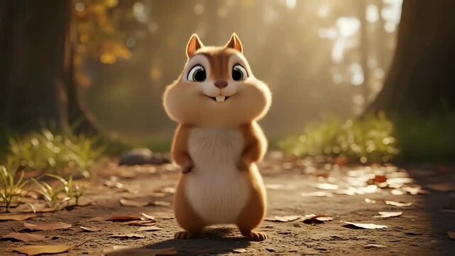 Cheerful squirrel character animation invites you with open arms in a vibrant forest setting, cute animal
