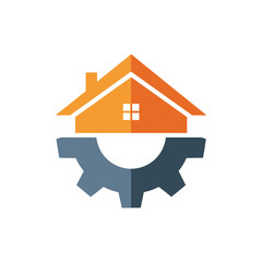 Orange house sits atop a gray gear, symbolizing home repair and maintenance services with a modern and professional aesthetic.