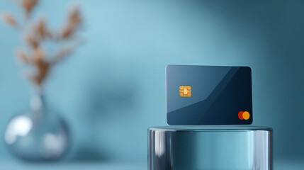 A dark blue credit card with a chip and magnetic strip on top of a glass cylinder