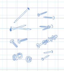 Screws, bolt, nut, wall plug and rivets set drawing in graphic style on light background