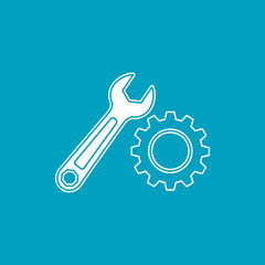 Wrench and gear symbolize mechanical repair and engineering solutions on a bright blue surface, representing precision and technical expertise.