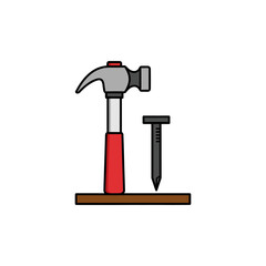 Hammer and nail resting on wooden surface, ready for construction work, symbolizing precision and craftsmanship in a simple, clean style.