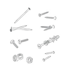 Screws, bolt, nut, wall plug and rivets set drawing in graphic style on white background
