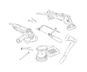 Woodworking construction tools set angle grinder, saw, reciprocating saw, sander, axe drawing in graphic style on white background