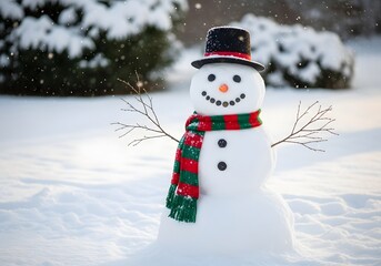 Fototapeta premium Cheerful snowman wearing a black hat and colorful scarf stands in a snowy landscape with trees