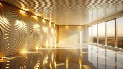 Luxurious Modern Interior Design Featuring Golden Swirl Wall Panels and Large Windows Offering a Breathtaking View