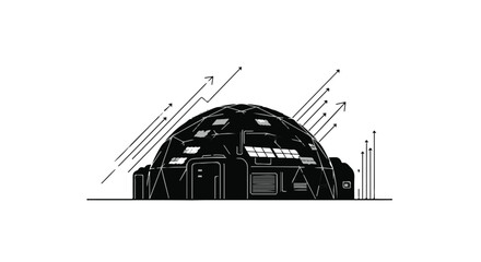 Futuristic geodesic dome structure with solar panels and upward arrows symbolizing growth