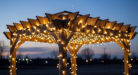 A wooden pergola decorated with warm string lights at dusk. Outdoor backyard patio with festive lighting for an evening party. Cozy and romantic ambiance concept