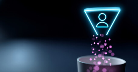 A neon blue funnel with a person icon in it and pink bubbles coming out of the bottom into a dark background