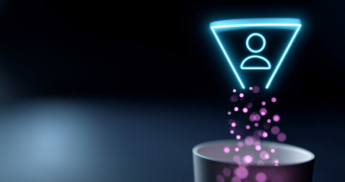 A neon blue funnel with a person icon in it and pink bubbles coming out of the bottom into a dark background
