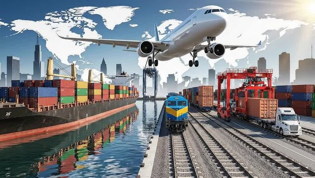Busy global logistics scene with air, land, and sea transportation in action at a major port