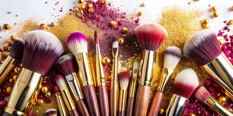 A luxurious collection of makeup brushes arranged on a shimmering golden and burgundy surface, adorned with decorative beads.