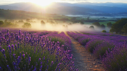 Naklejka premium Photorealistic lavender field at sunrise with misty valley and mountains in background under warm golden morning light