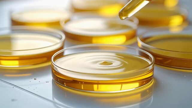 黄金色の液体を満たしたペトリ皿とピペットの精密な構図