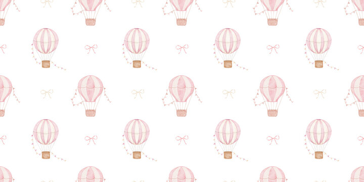 Seamless watercolor pattern with pink hot air balloons on white background, hand drawn repeating illustrations for girl