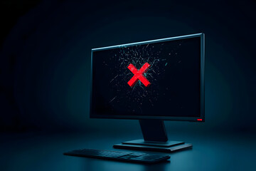 A broken computer monitor displaying an error symbol, symbolizing technology failure and digital issues.