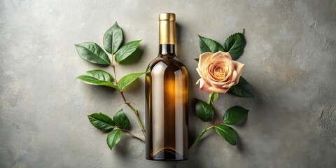 A bottle of wine, a single rose, and lush green leaves artfully arranged on a textured surface for a sophisticated and elegant presentation