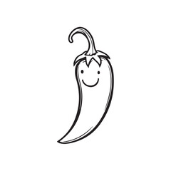 Black and white sketch of a chili icon with a smiling face, a cute hand-drawn line style illustration featuring a character chili with a cheerful expression.