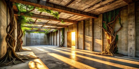 Serene Dawn in a Concrete Oasis Sunlit Beams Illuminate Lush Greenery Thriving Within a Modern Architectural Structure