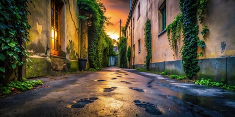 Sunset Footprints on a Weathered Alleyway,  Ivy-Covered Buildings, and Golden Hour Light Reflecting in Puddles
