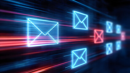 Fototapeta premium A dynamic visualization of digital communication through glowing email icons in vibrant colors.
