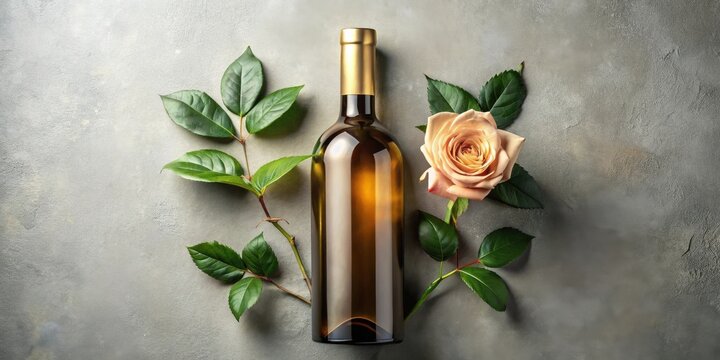 A bottle of wine, a single rose, and lush green leaves artfully arranged on a textured surface for a sophisticated and elegant presentation