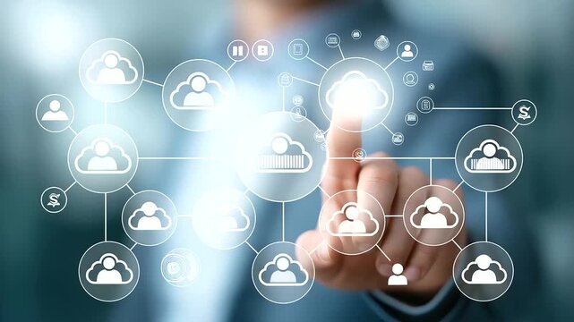 Hand touching cloud computing infographic with tech icons, faceless technology interaction, digital visualization detail, defocused background blur, data centralization concept, li